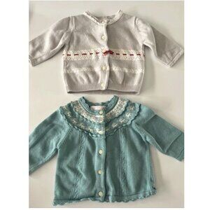 JANIE AND JACK Two Button up Embellished Cardigan Sweaters Green/Gray Baby 3-6 M